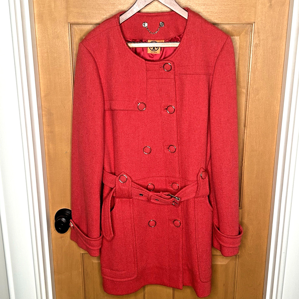 Tory Burch Wool Pea Coat XL Red Double Breasted Gold Buttons Belted Alek Jacket